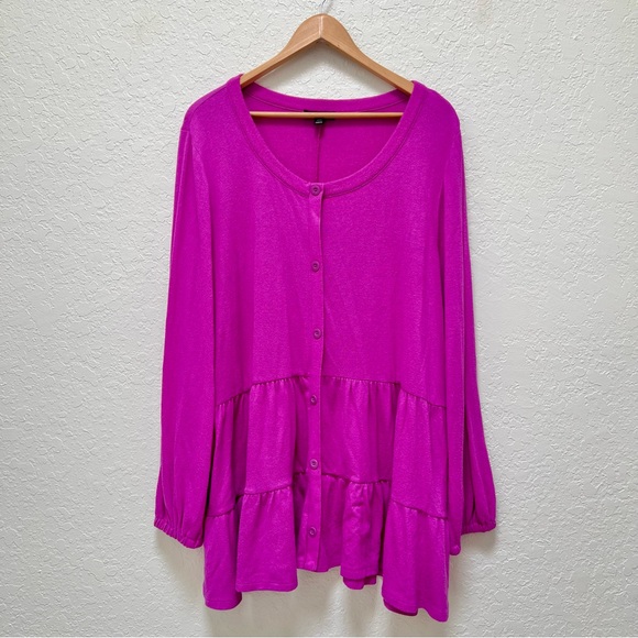 Lane Bryant Fuschia Tiered Swing Babydoll Blouse Button Up Long Sleeve - Picture 1 of 6